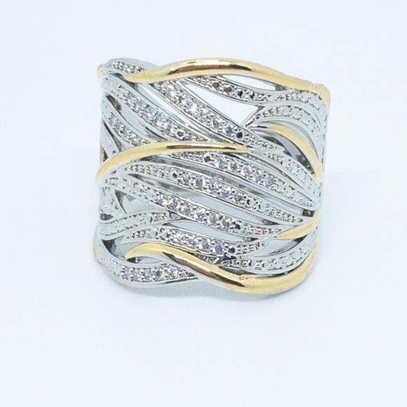 Silver Wide Band White Sapphire Gold Ring - Picture 1 of 16